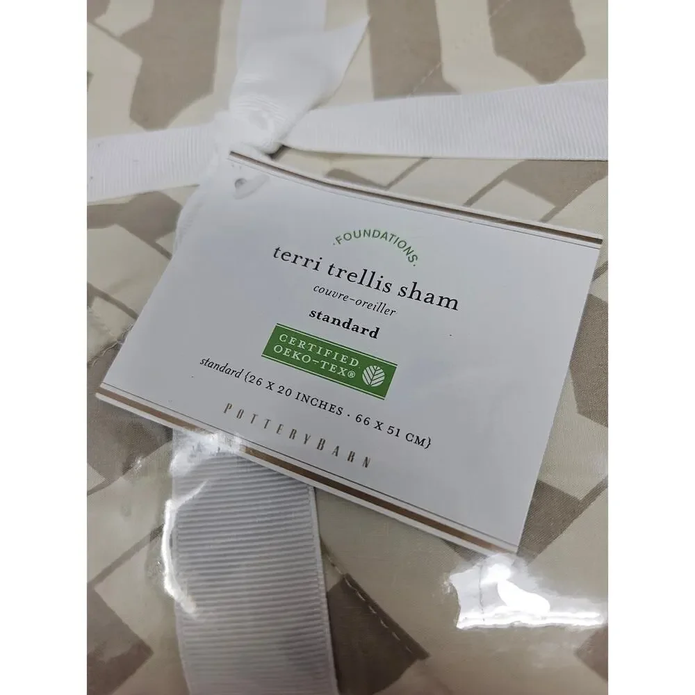 NEW Pottery Barn Terri Trellis Sham Standard Cotton Tan Coastal Oeko-Tex